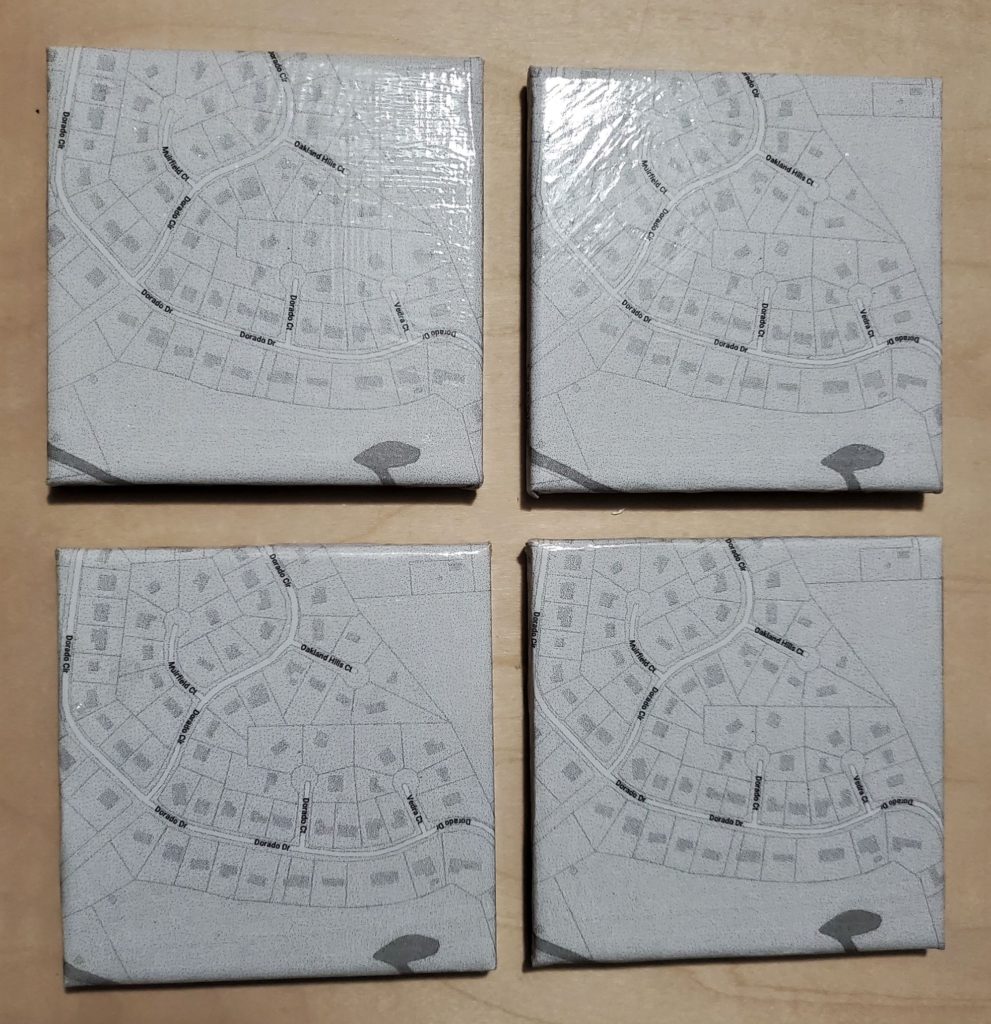 DIY coasters with tiles with map of neighborhood