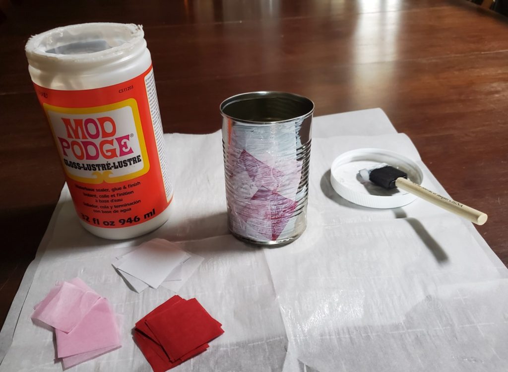 Mod Podge with DIY household tin can and tissue paper