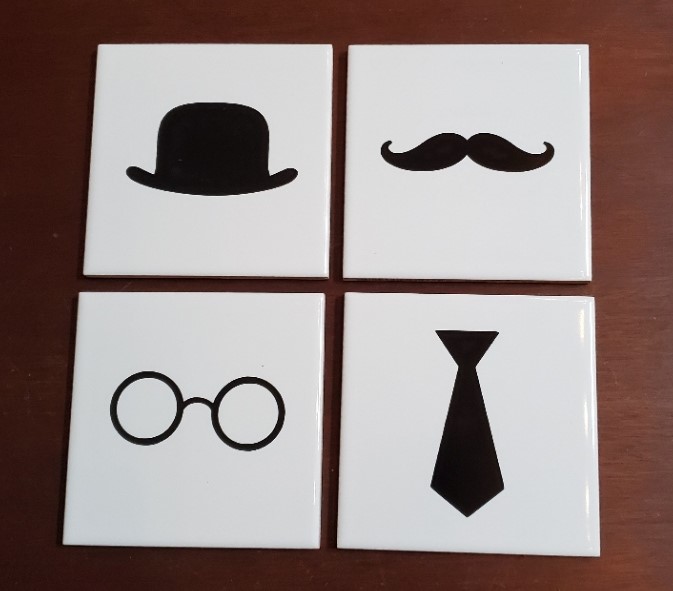 DIY Coasters with hat, mustache, glasses and tie