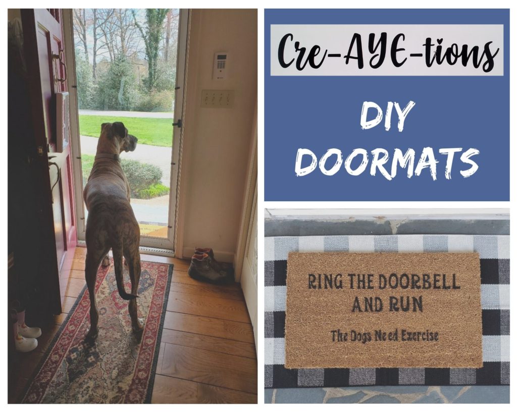 dog looking out the door. a DIY doormat.