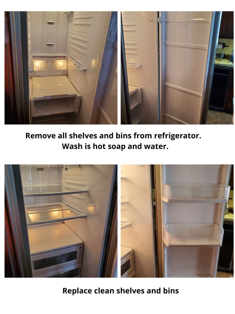 Refrigerator cleaning shelves and bins